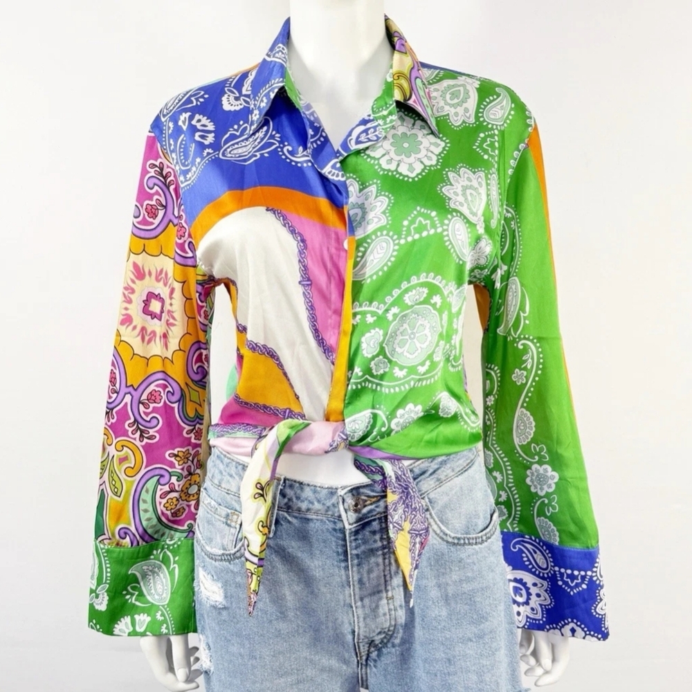 ZARA Chiffon Paisley Sheer Button-Up Collared Blouse Multicolor Women's Size XS - Picture 3 of 6
